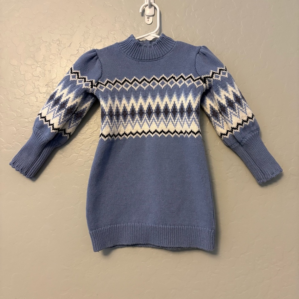 Janie and Jack country blue fair isle argyle puff sleeve sweater dress 2t